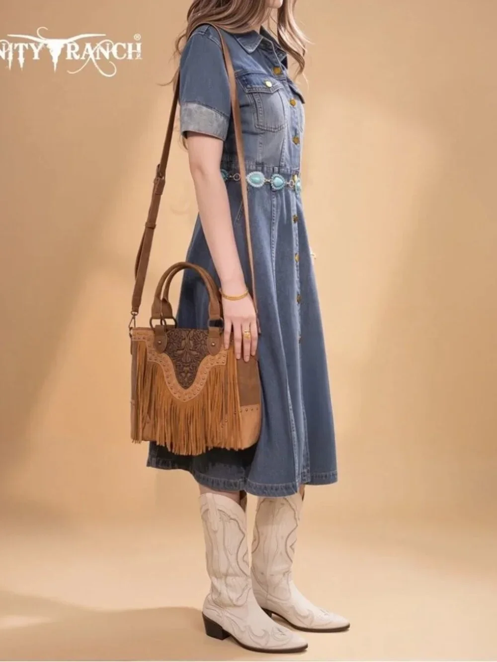 Trinity Ranch Floral Tooled Fringe Tote/Crossbody Brown NWT - Picture 4 of 5